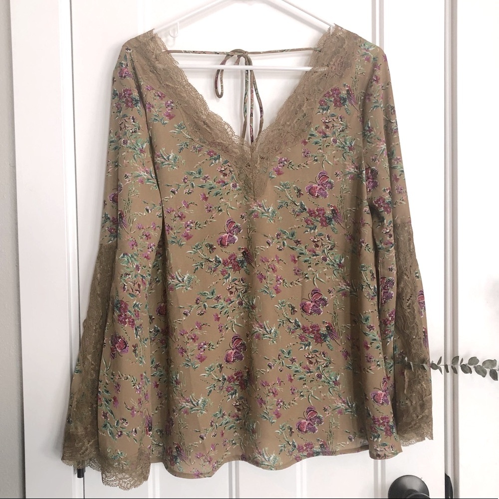 entro Floral Lace Trim V-Neck Blouse in Tan with Pink & Green Accents